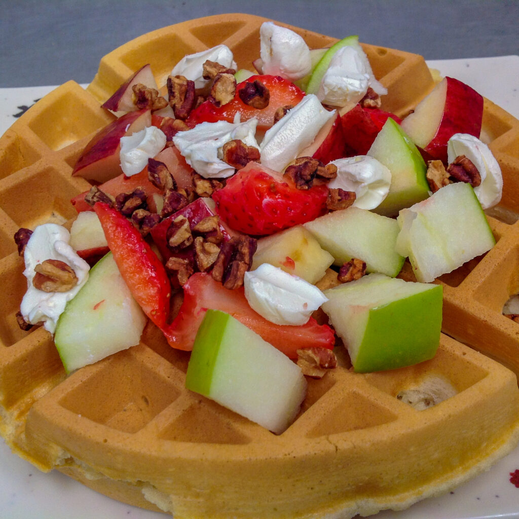 Seasonal Fruit Waffles with Candied Pecans and Cream Cheese