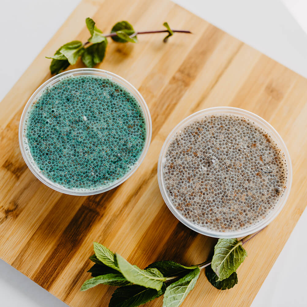 Chia Pudding with Almond Milk, Agave Syrup, and Spirulina or Cocoa