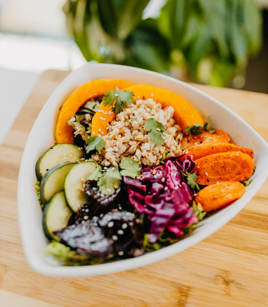 Great Farro Harvest Grain Bowl - Spring Mix, Farro, Home Roasted Beets, Carrots, Yams, Home-Made Pickle Vegetables, Cilantro, Sesame Seeds, and Sesame-Ginger Dressing